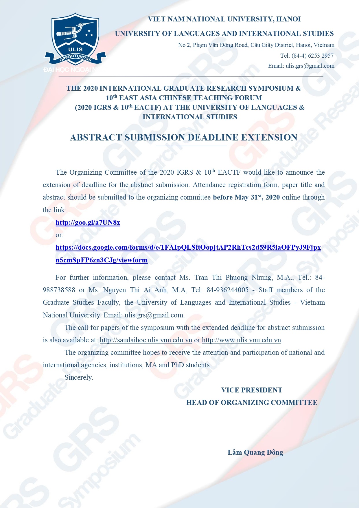 Abstract Submission Deadline Extension of 2020 IGRS & 10th EACTF Sau